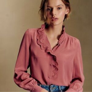 Sézane Silk Ruffle Blouse Dusty Rose Lace Trim Size 40